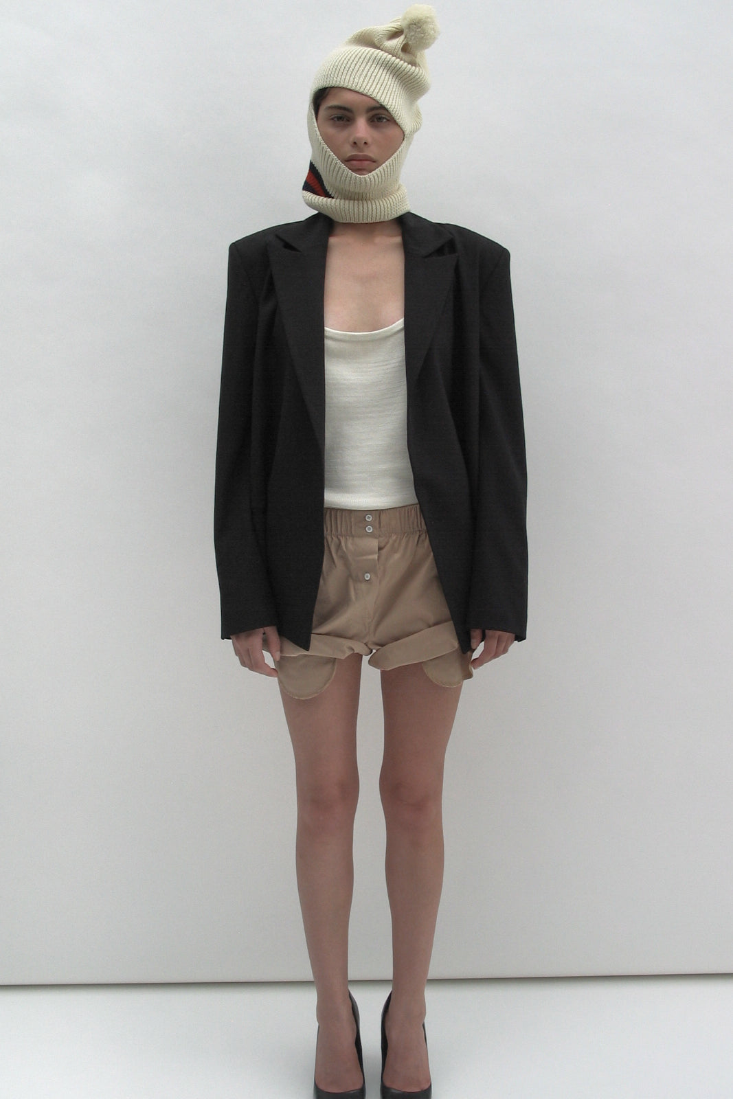 White balaclava with red stripes