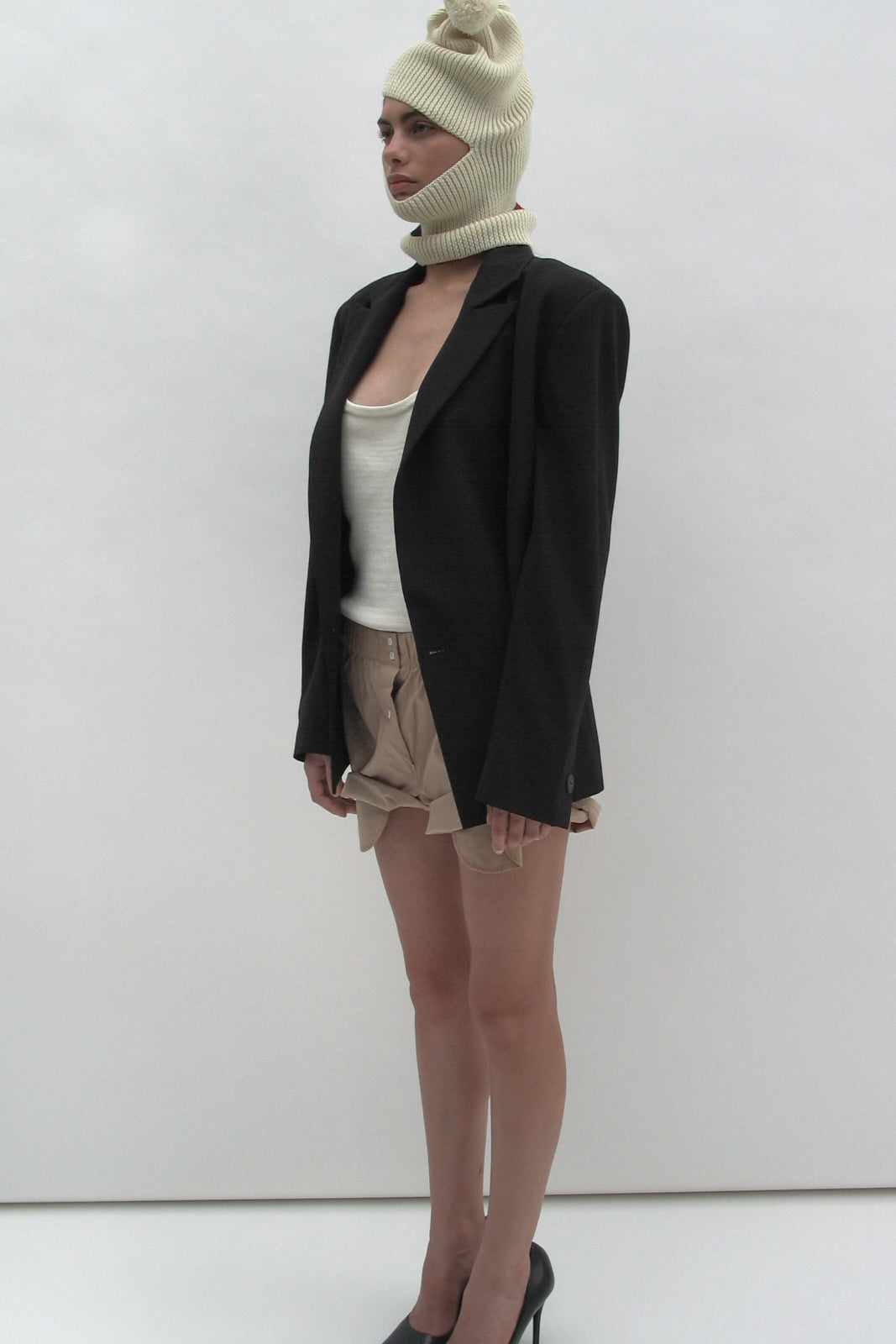 White balaclava with red stripes