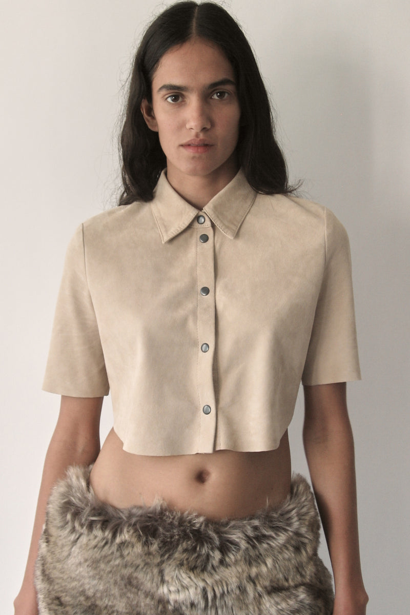 Beige 3/4 Sleeve Micro Suede Blouse