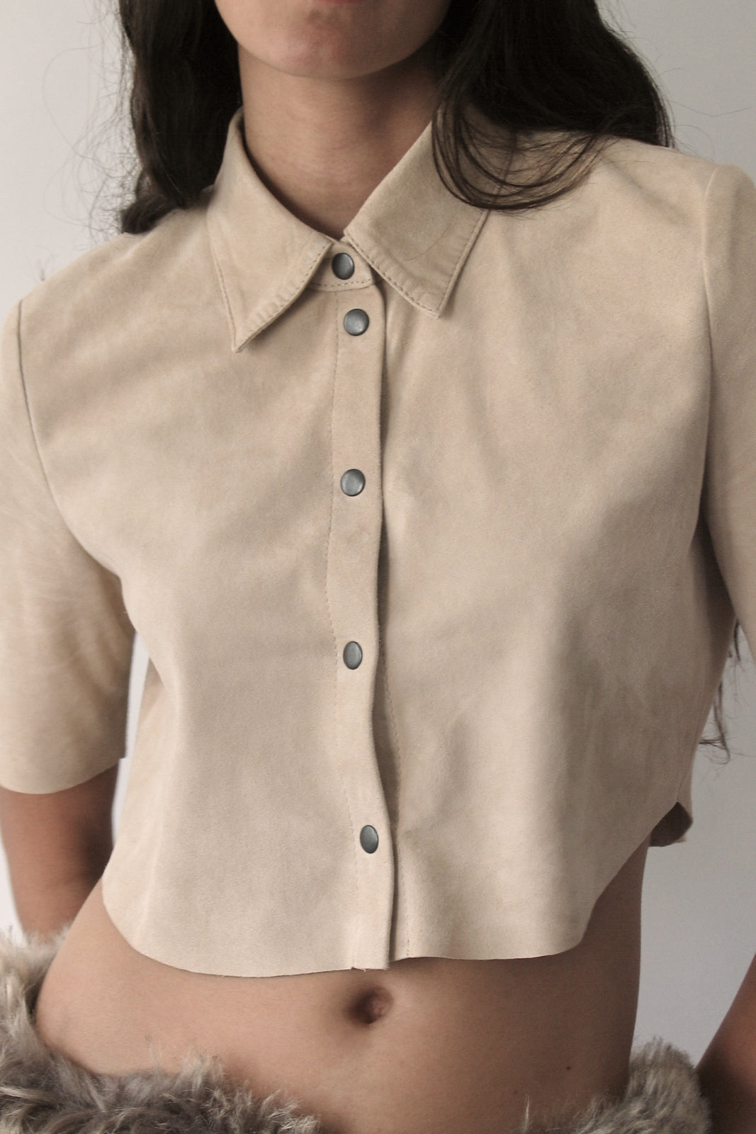 Beige 3/4 Sleeve Micro Suede Blouse
